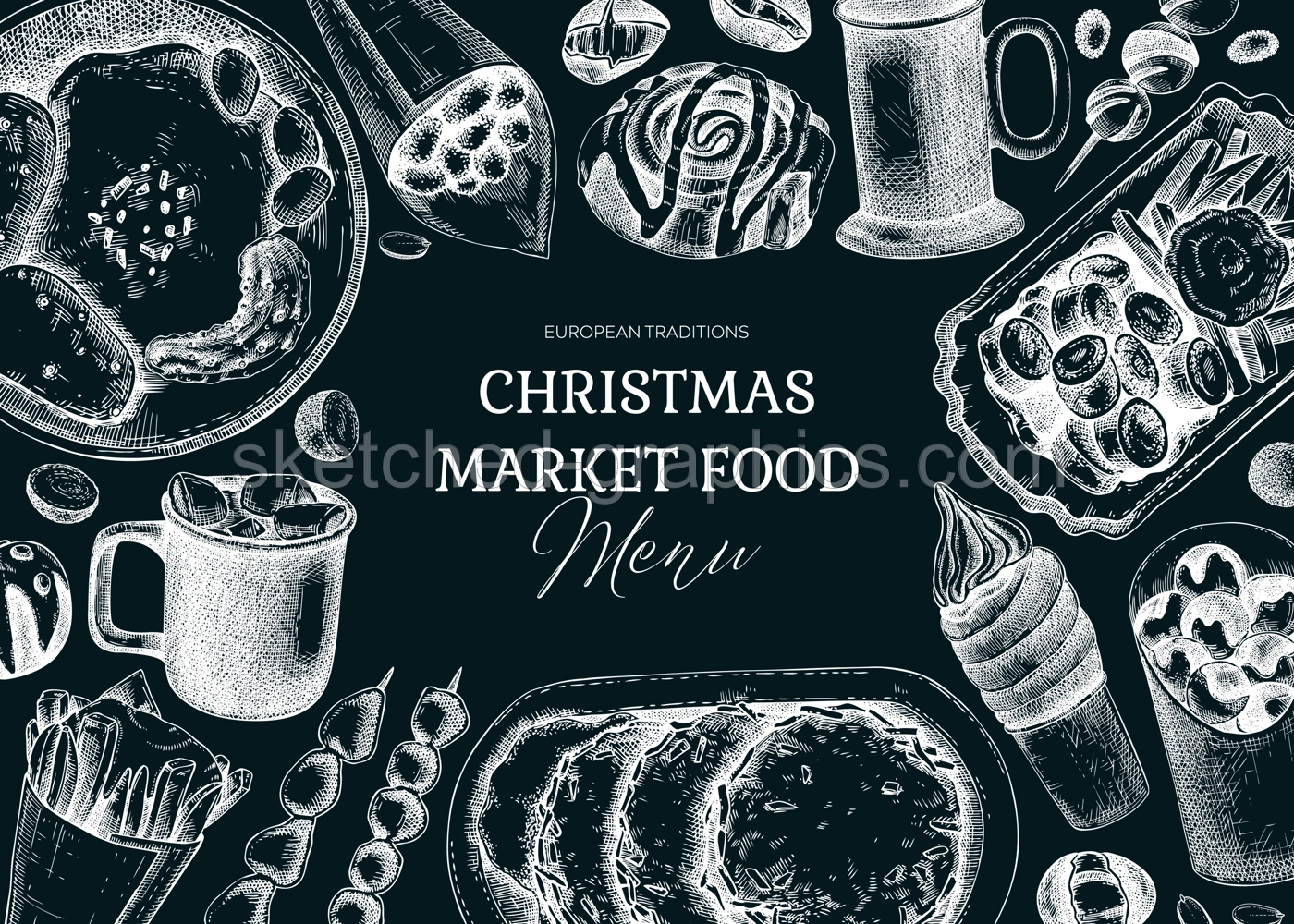 Street food and drink background. Traditional European Christmas market  pastries, sweets, grilled meat, raclette, hot drinks sketches on chalkboard. Hand-drawn vector illustration. Fast food menu  Illustration